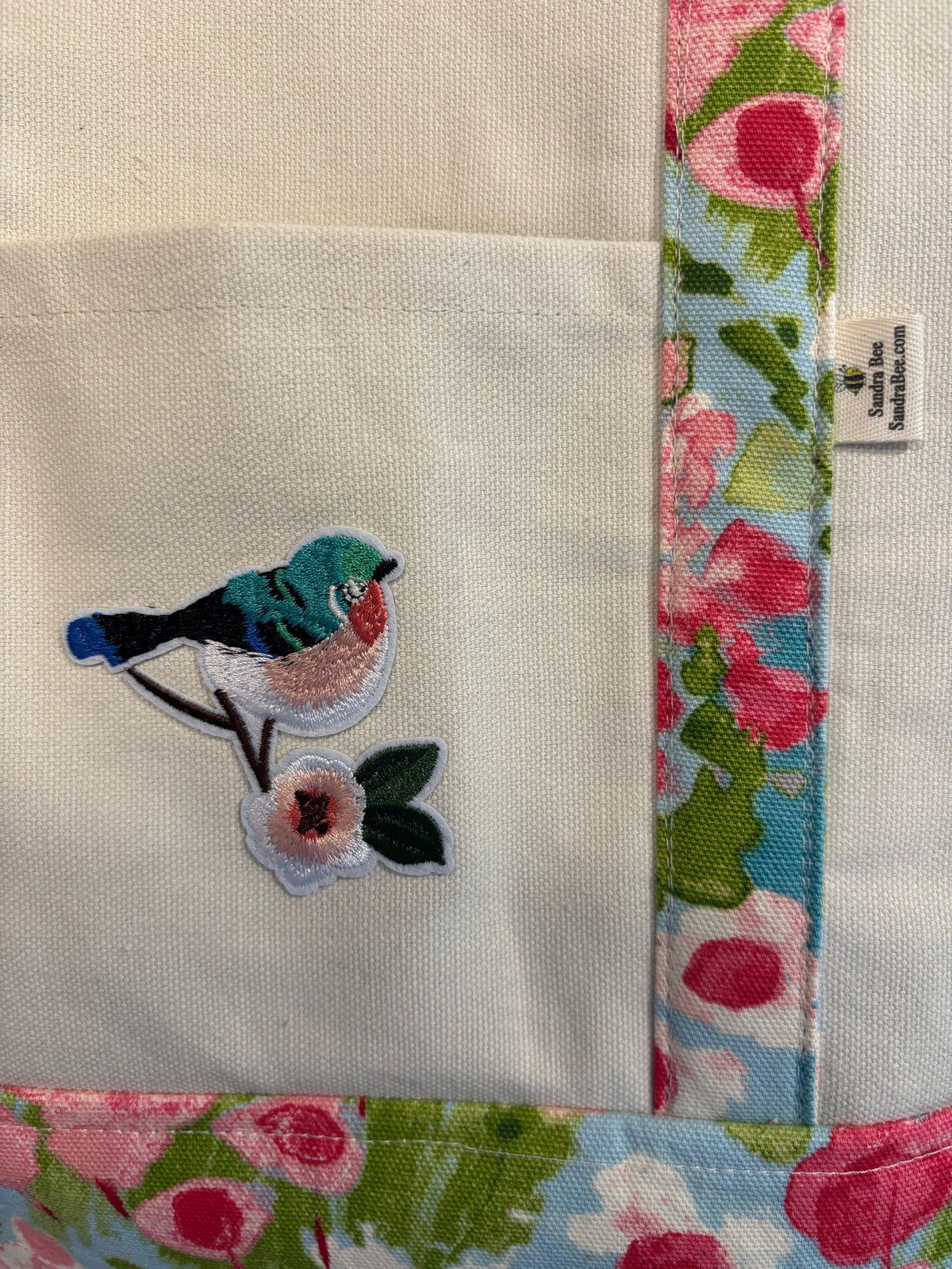 Spring BIRD tote bag * blue floral base & straps