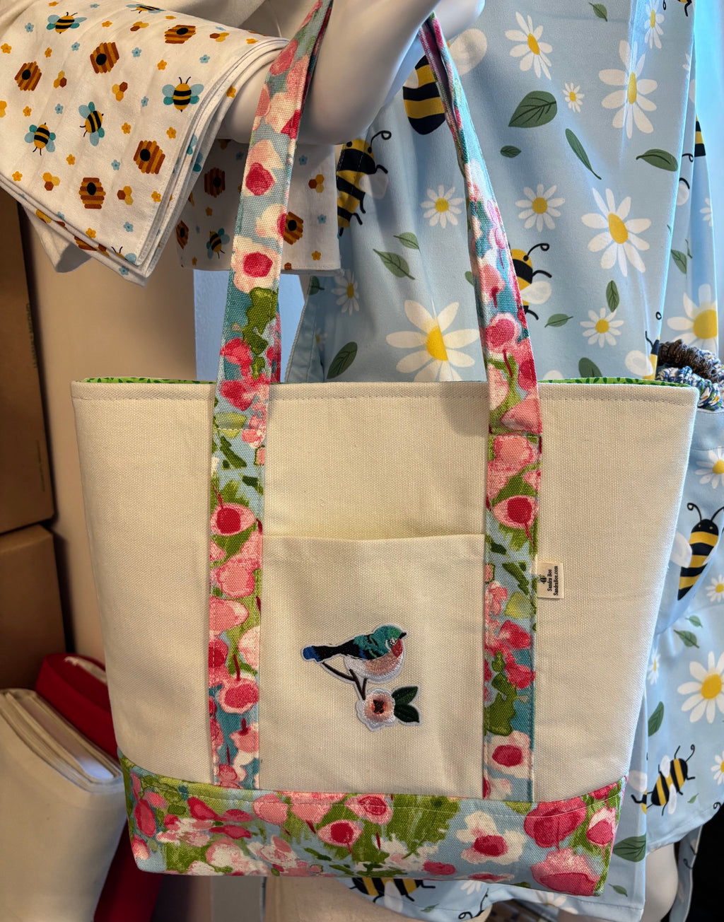 Spring BIRD tote bag * blue floral base & straps
