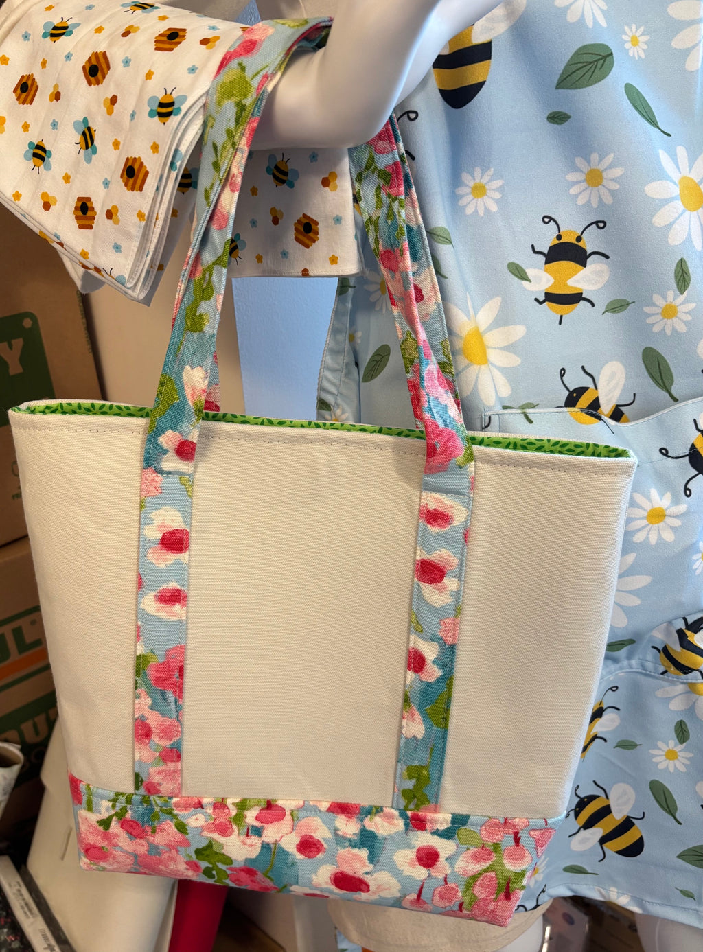 Spring BIRD tote bag * blue floral base & straps
