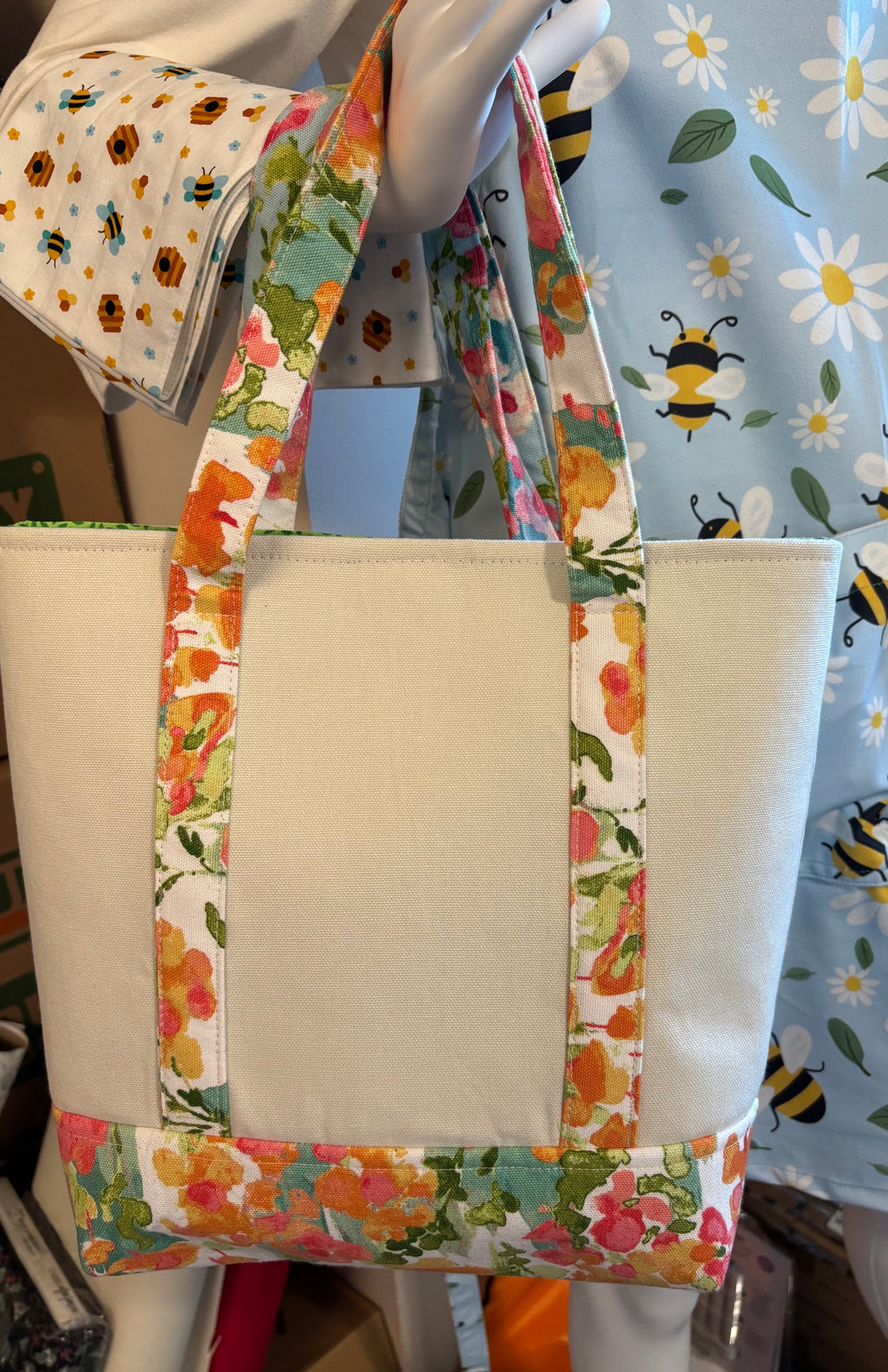 Spring BIRD tote bag * pink & cream floral base & Straps