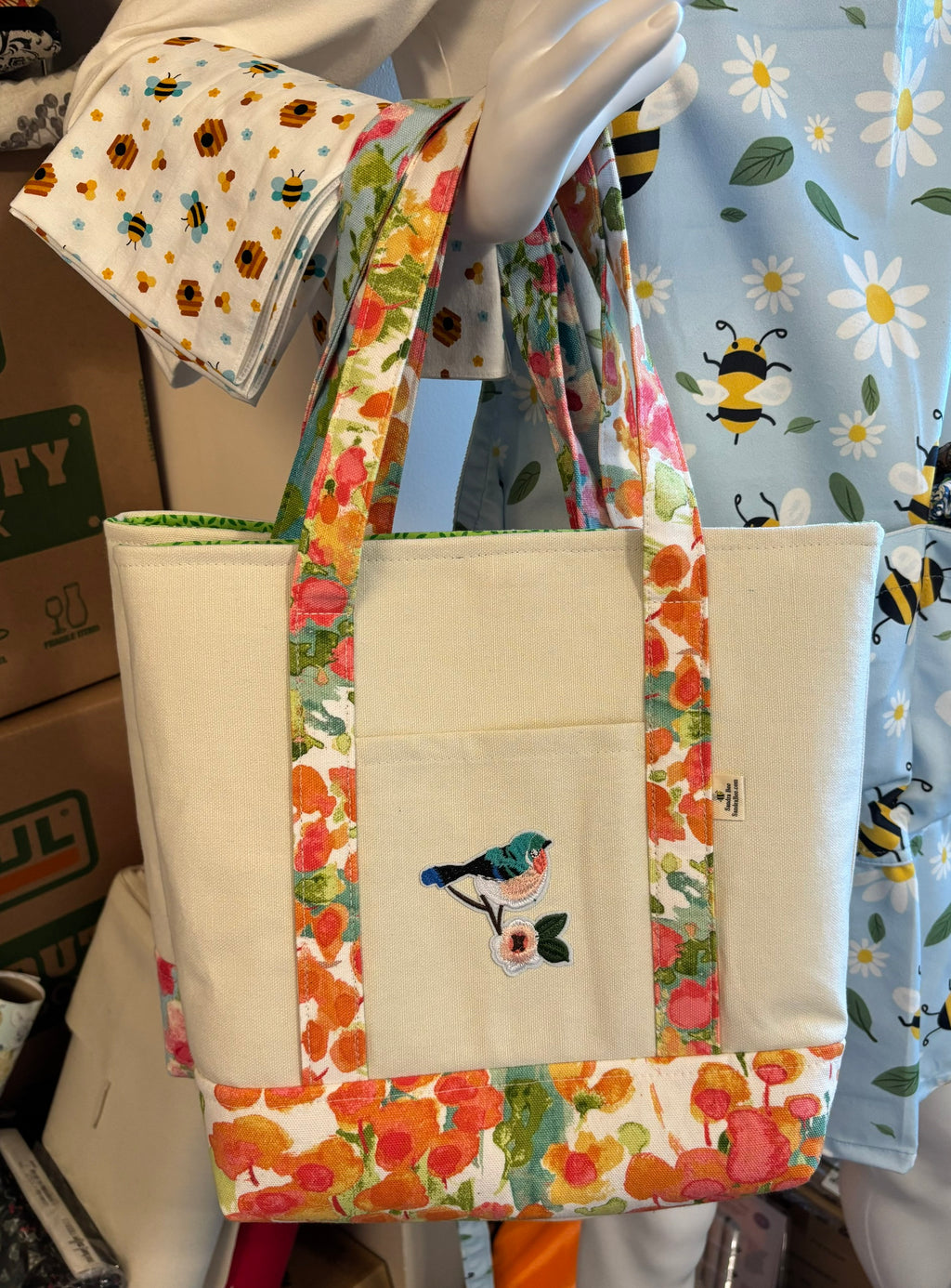 Spring BIRD tote bag * pink & cream floral base & Straps