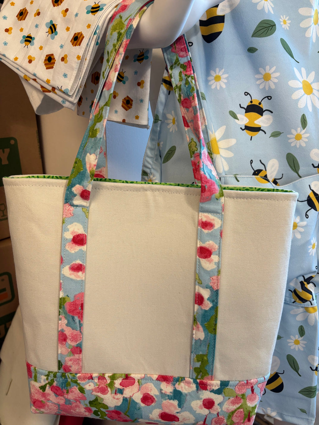 Spring BIRD tote bag * blue floral base & straps