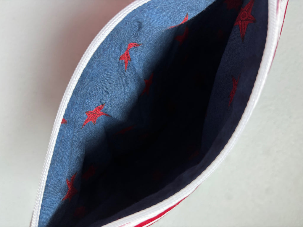 Patriotic Red White Striped VEGAN Zipper Pouch, Red Vinyl Bottom