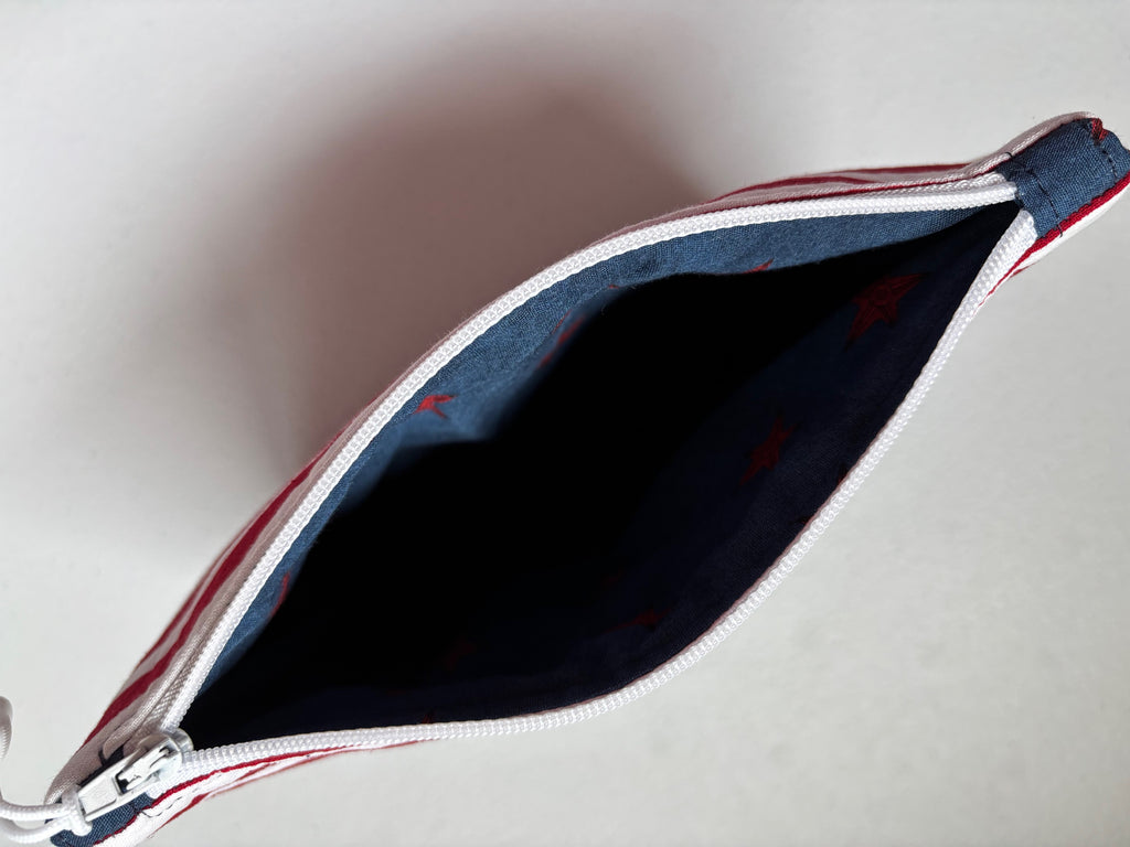 Patriotic Red White Striped VEGAN Zipper Pouch, Red Vinyl Bottom