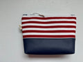 Patriotic Red White Striped VEGAN Zipper Pouch, Red Vinyl Bottom