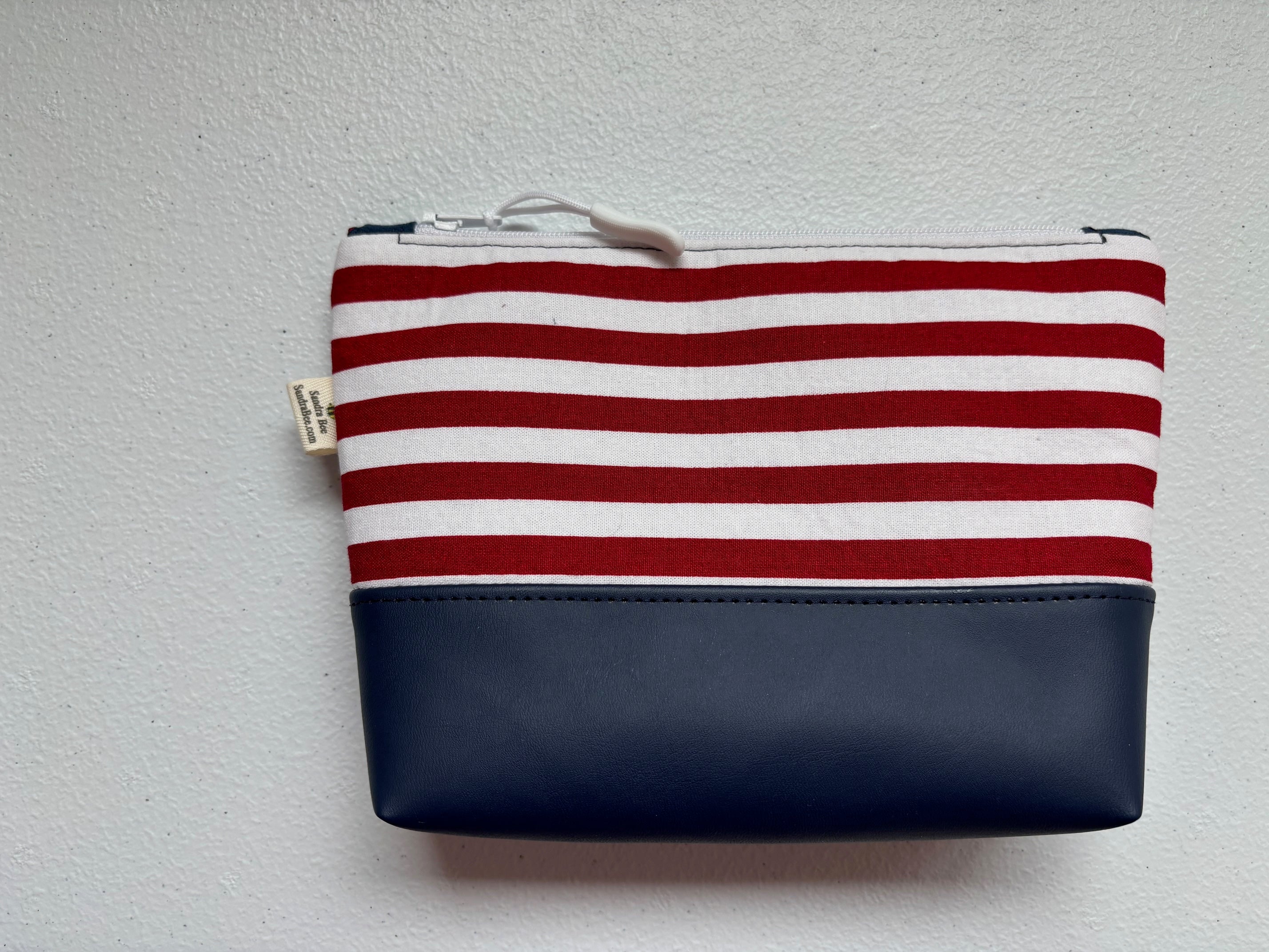 Patriotic Red White Striped VEGAN Zipper Pouch, Red Vinyl Bottom