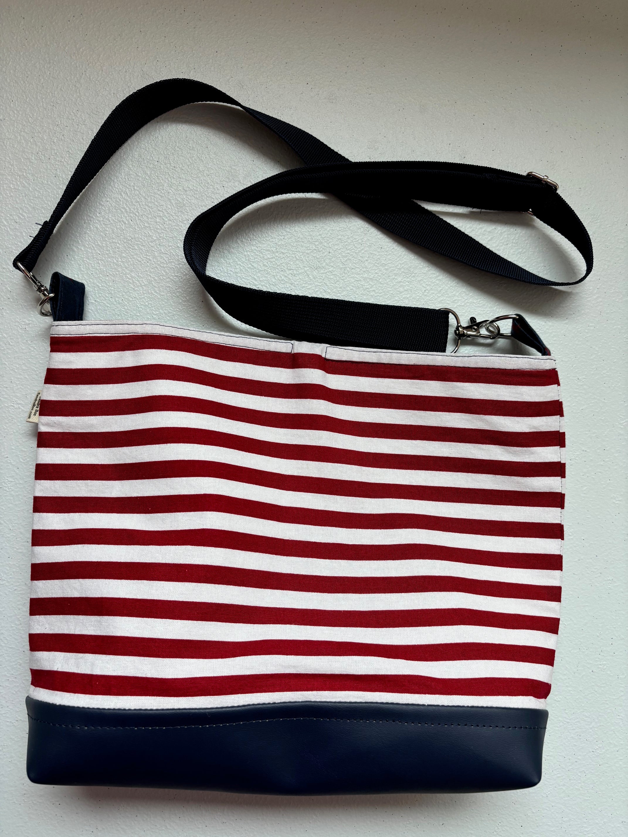 Large Patriotic Red White Blue Striped VEGAN Crossbody Bag