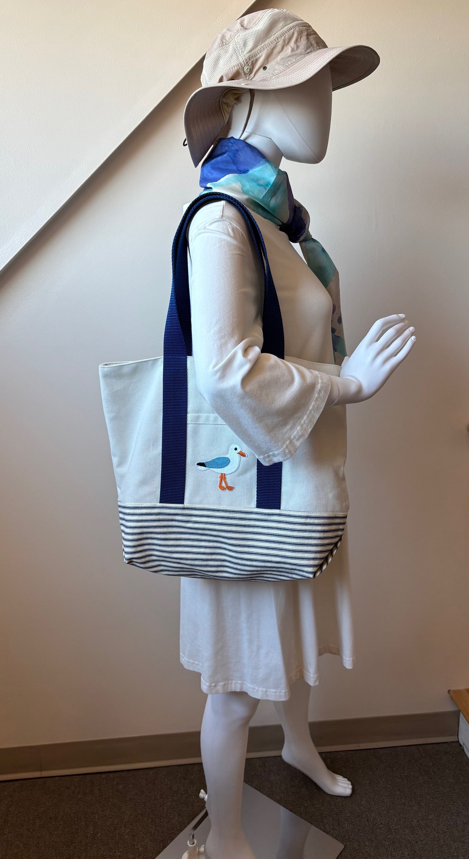 Large SEAGULL blue/white stripe canvas tote bag
