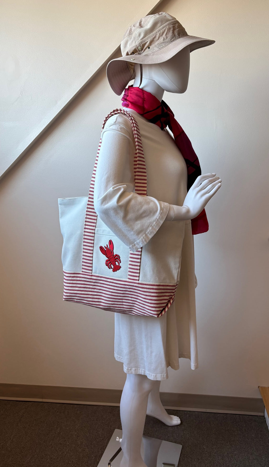 Large LOBSTER canvas and red striped ticking tote bag