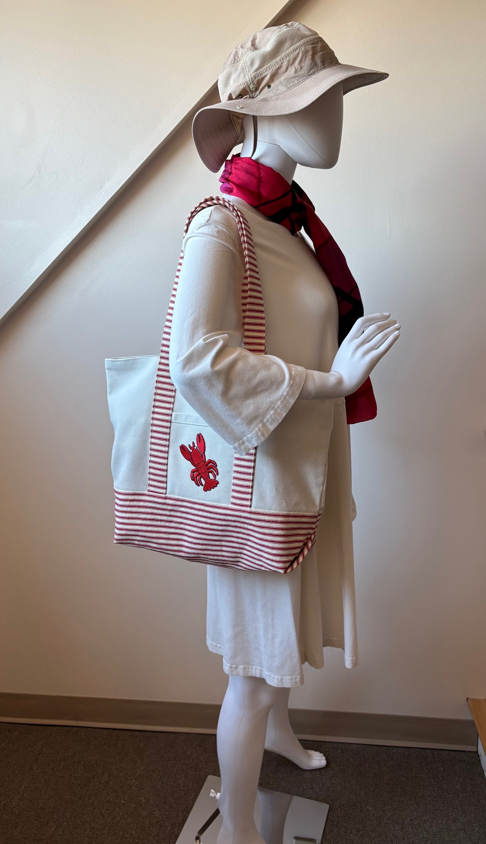 Large LOBSTER canvas and red striped ticking tote bag