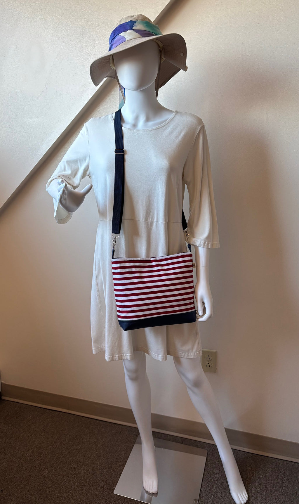 Large Patriotic Red White Blue Striped VEGAN Crossbody Bag
