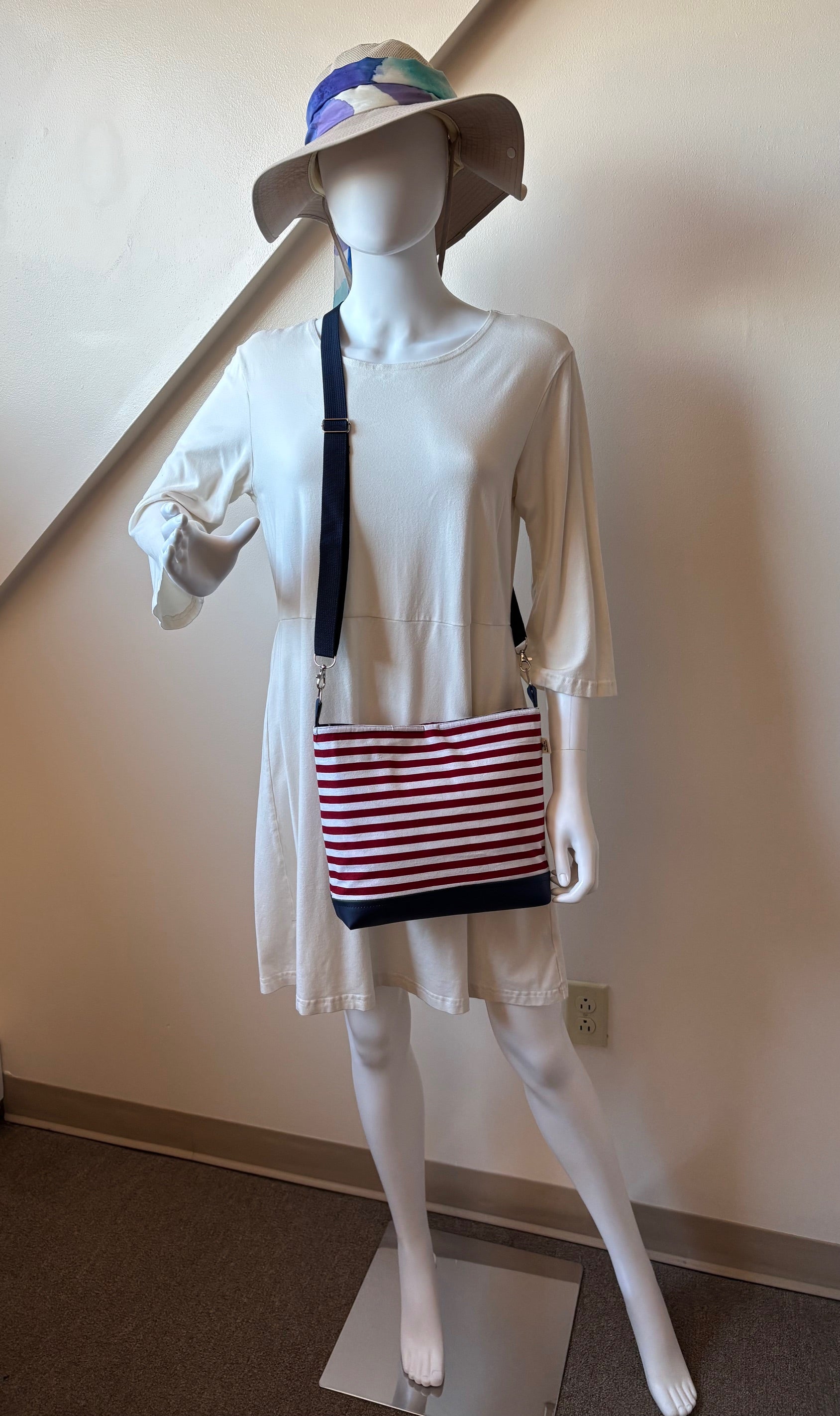 Large Patriotic Red White Blue Striped VEGAN Crossbody Bag