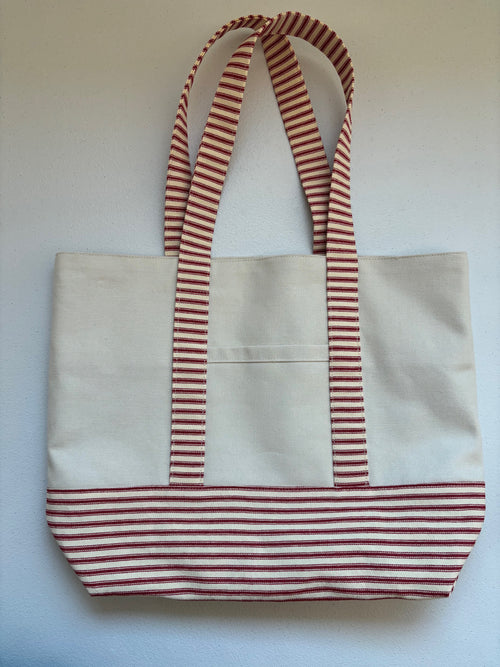 Large LOBSTER canvas and red striped ticking tote bag