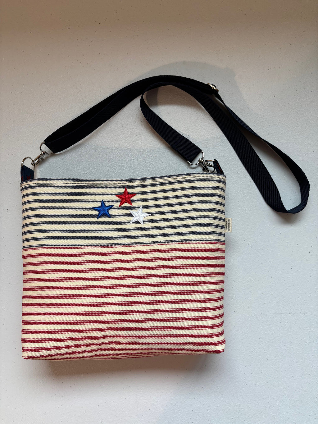 Red-White-Blue Striped Ticking with Stars Patriotic Crossbody Bag