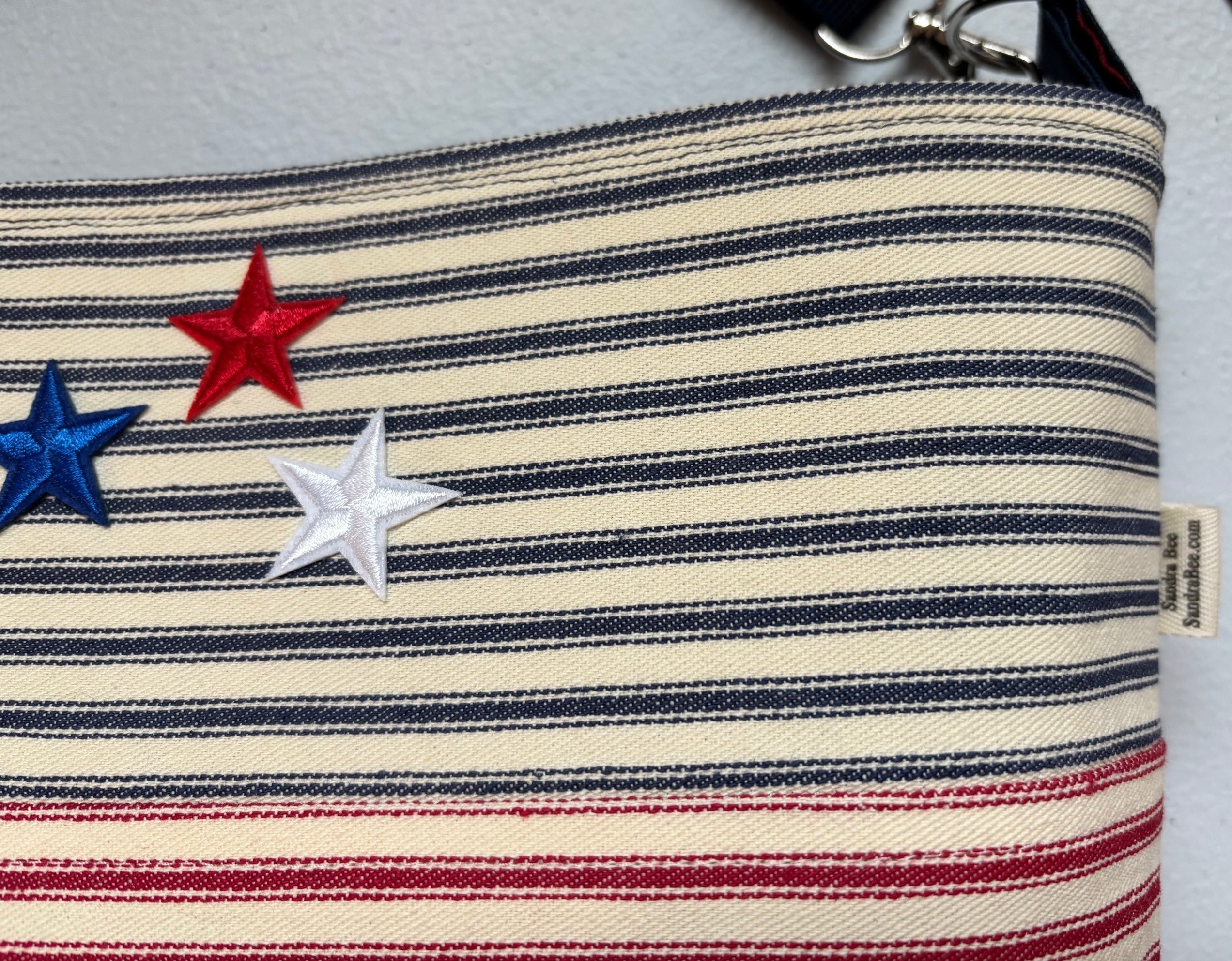 Red-White-Blue Striped Ticking with Stars Patriotic Crossbody Bag