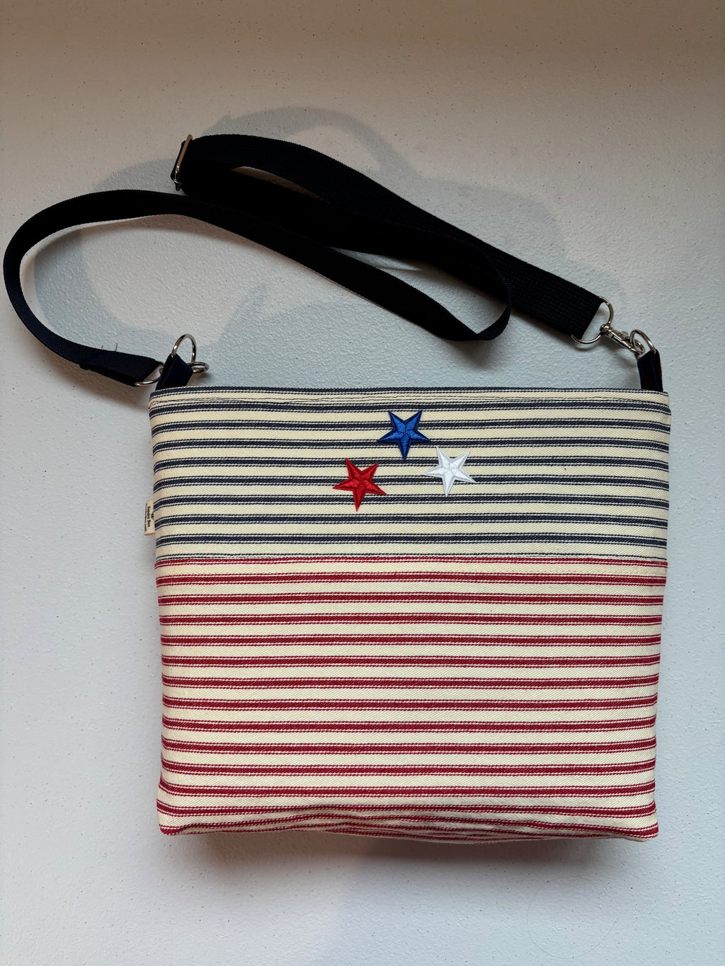 Red-White-Blue Striped Ticking with Stars Patriotic Crossbody Bag
