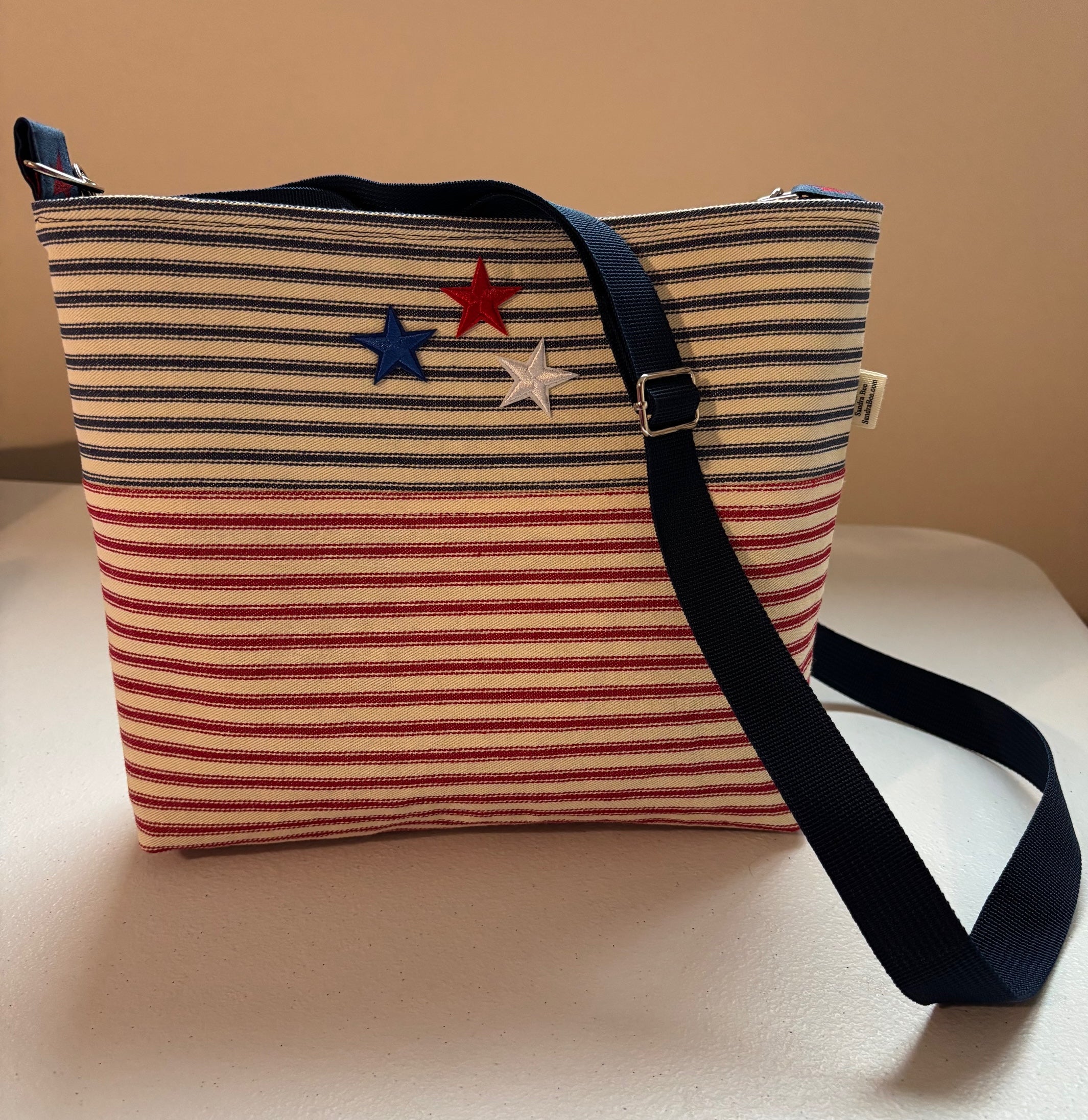 Red-White-Blue Striped Ticking with Stars Patriotic Crossbody Bag