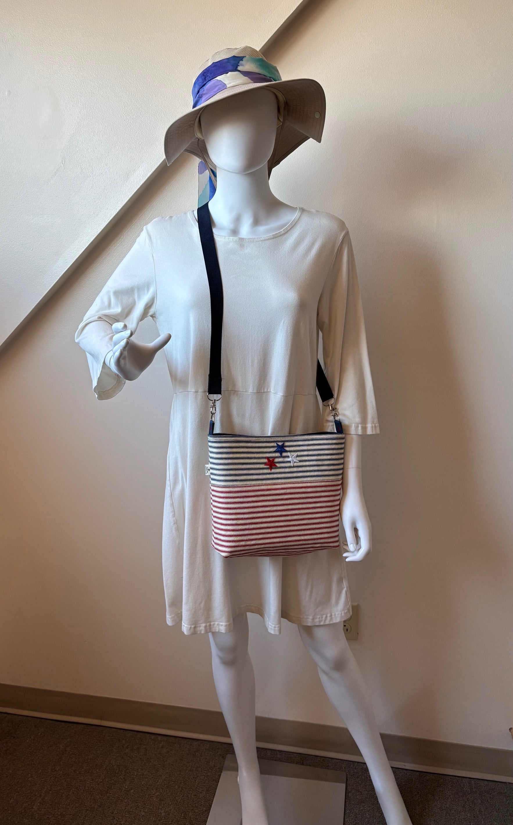 Red-White-Blue Striped Ticking with Stars Patriotic Crossbody Bag